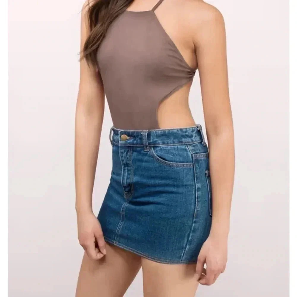 Mocha Brown Bodysuit Backless Side Cut Out TOBI Medium Strappy Low Back Halter